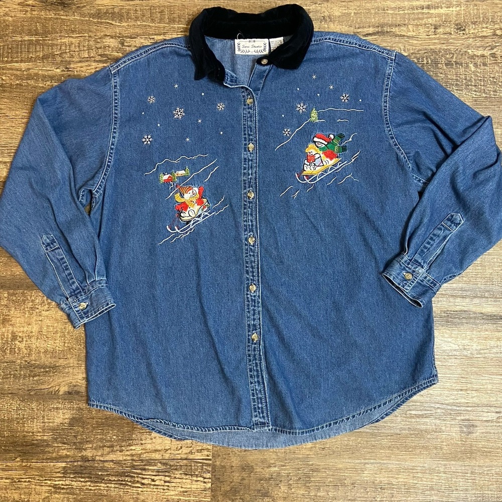 Sara Studio Denim Jacket XL Embroidered Christmas Snowman Grandmacore Cozy Y2K